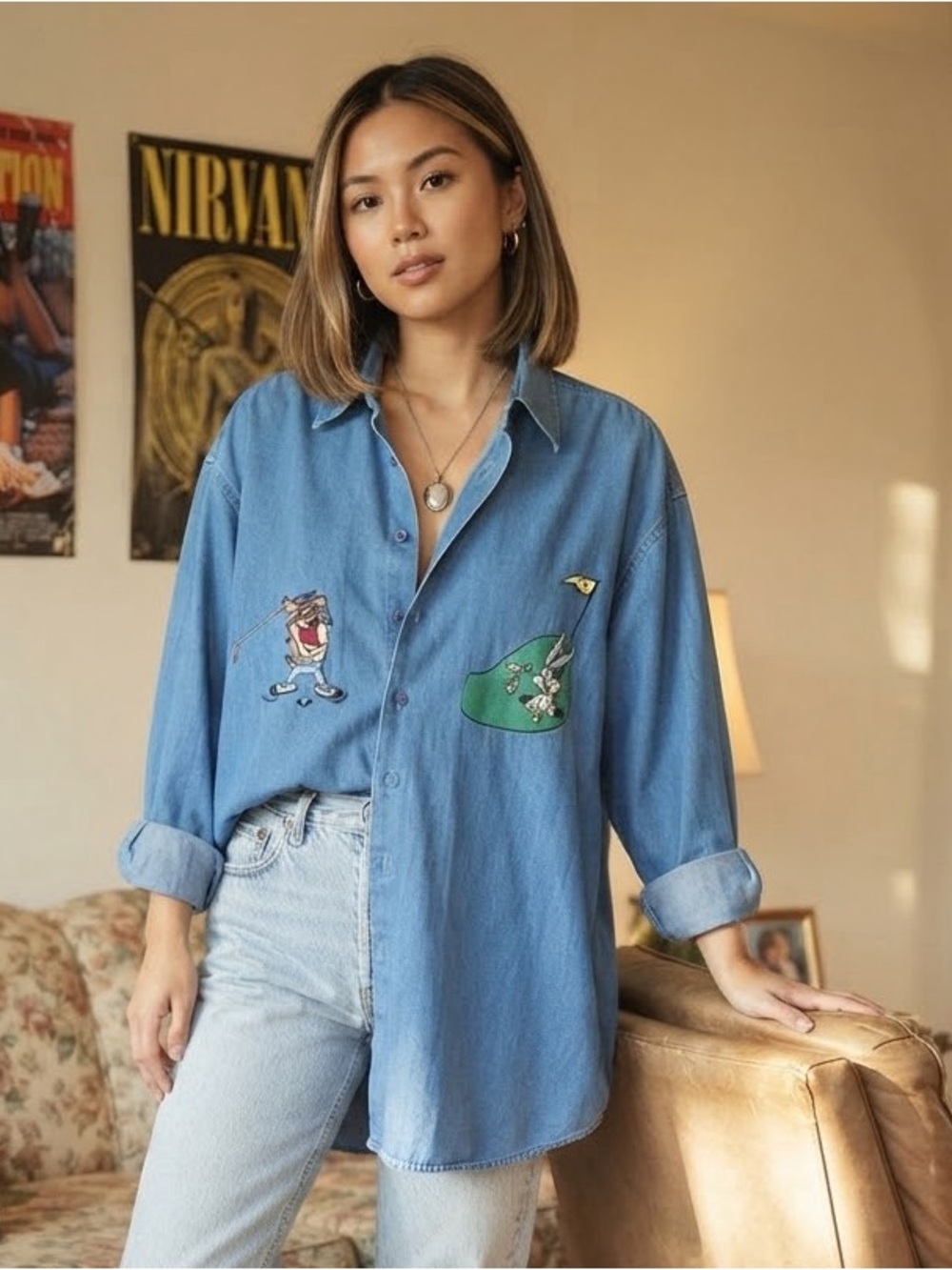 VTG 90s Looney Tunes Jack Lipson Denim Golf Shirt Large Oversized unisex tax